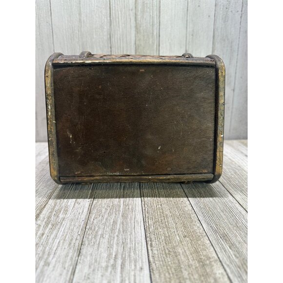 Vintage Jewelry Trinket Treasure Box Wood Wicker Rattan Hinged Lid w/ Top Handle - Picture 5 of 10
